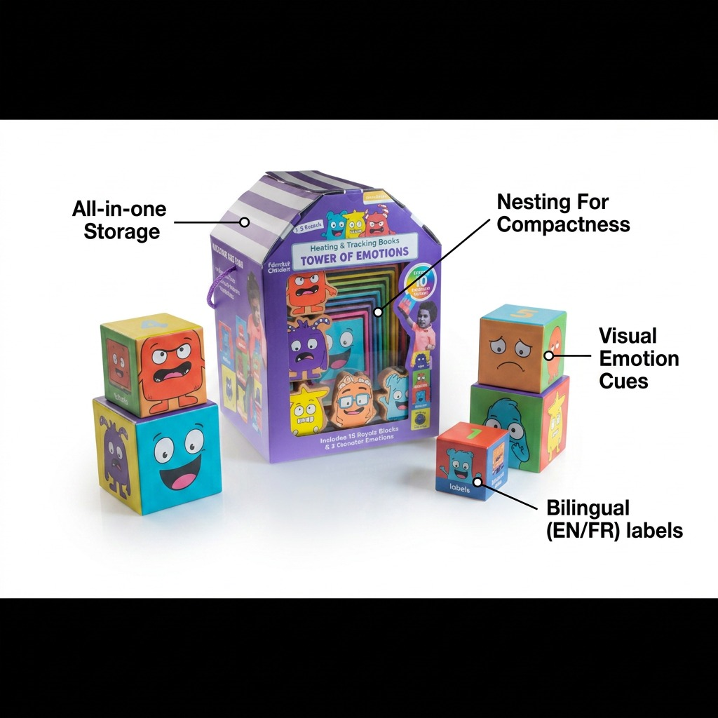Feature graphic for fdmt Tower of Emotions stacking blocks, showing compact storage and educational benefits.