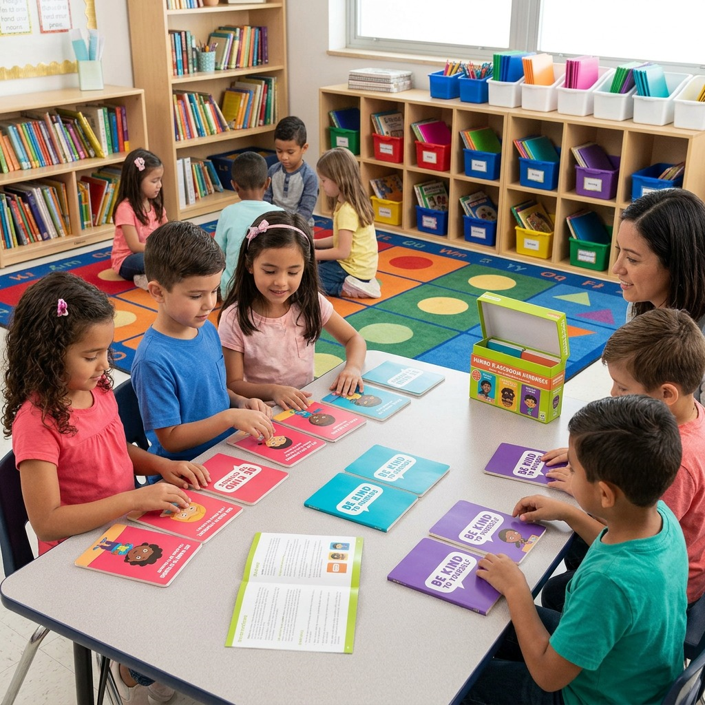 A lifestyle photo shows children happily playing a game with Jumbo Classroom Kindness Cards on a rug.