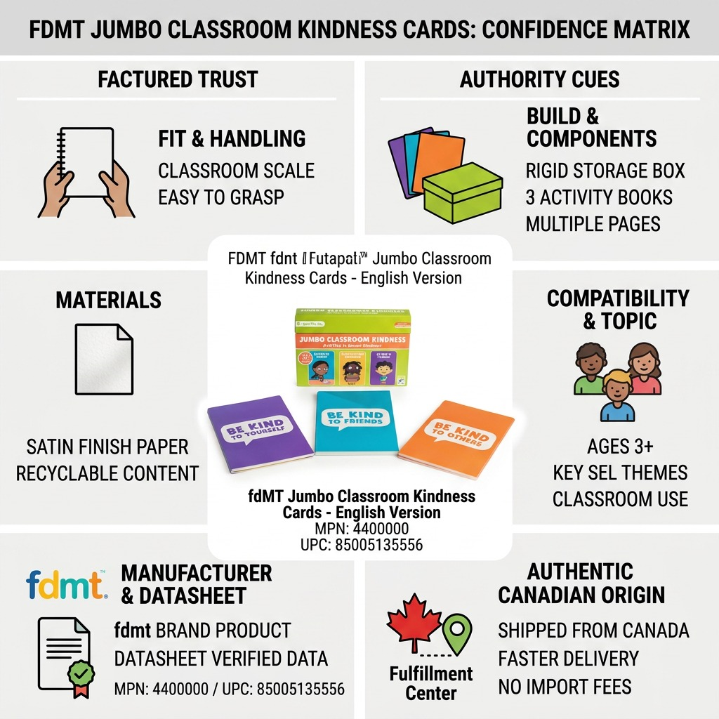 Infographic for fdmt Jumbo Classroom Kindness Cards highlighting manufacturing, physical product details, and fast Canadian shipping.
