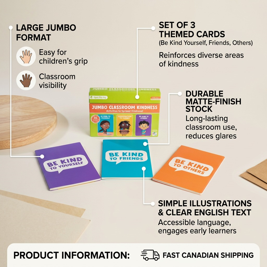 An informative graphic showcasing the jumbo classroom kindness cards with feature callouts.