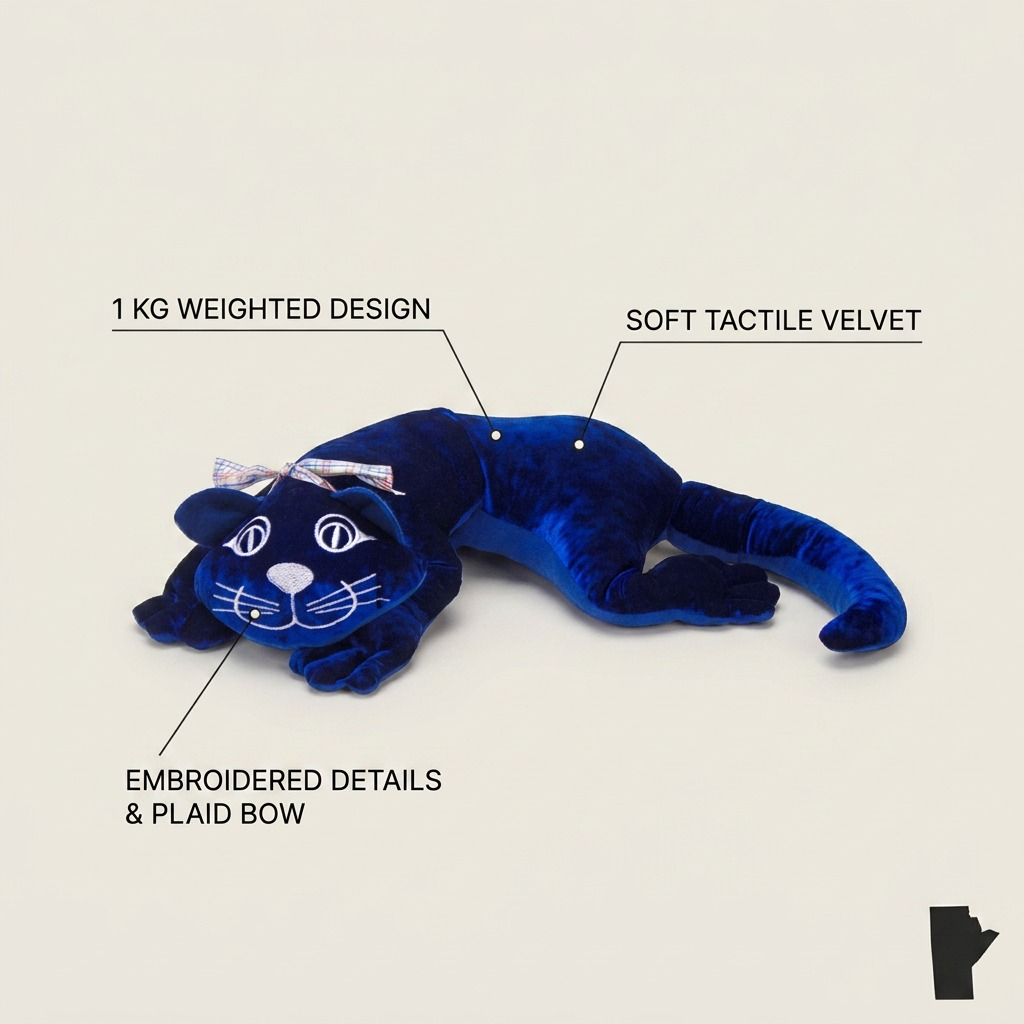 An ecommerce graphic of the blue nested weighted cat, highlighting its 1 kg weight and soft tactile velvet.