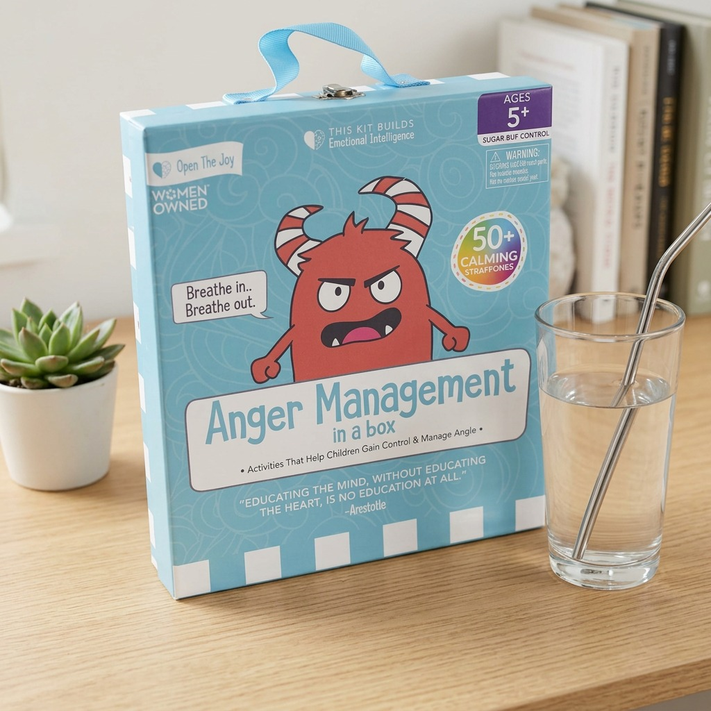 A clean, high-resolution hero shot of the 'Anger Management in a Box' toolkit from Open the Joy. The light blue box, featuring the red horned monster and educational text, is centered against a pure white background with realistic lighting and soft shadows. The light blue carry handle is visible at the top. This image showcases the exact product design without any external packaging or props, ideal for e-commerce.