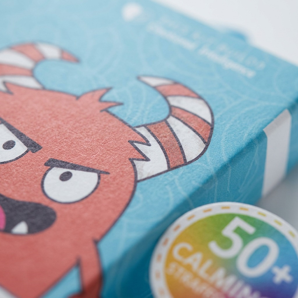 Macro detail of the fdmt Anger Management kit shows textured paper and rainbow badge detail.