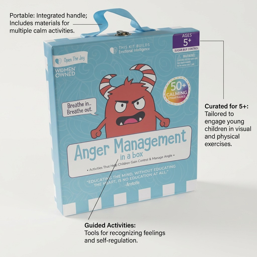 An operational feature graphic for fdmt Anger Management in a Box, highlighting its design for emotional skill-building.