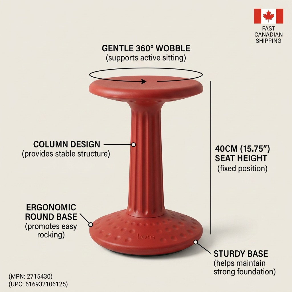 Red Kore Wobble Stool (40cm) feature diagram highlighting 360-degree wobble for active sitting.