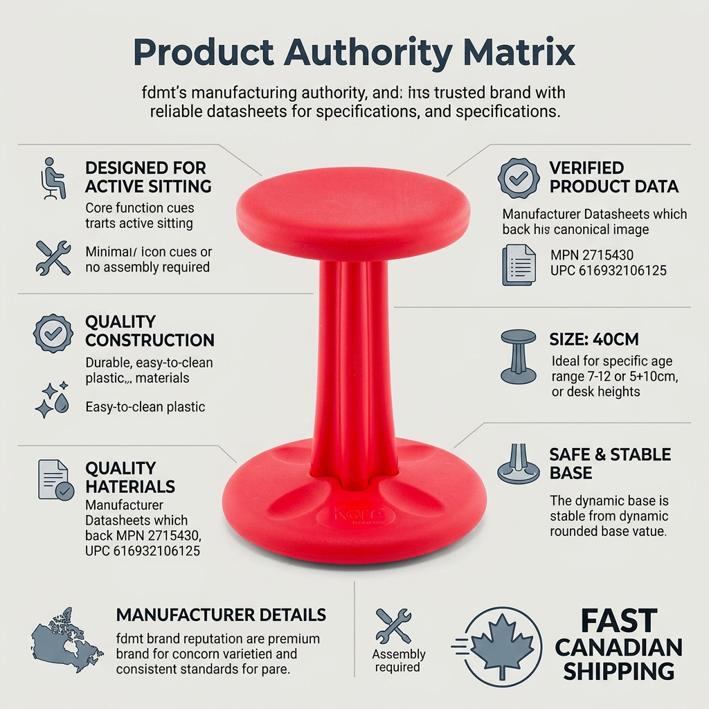 Infographic for fdmt Kore Wobble Stool (40cm, Red) detailing active sitting, quality materials, and fast Canadian shipping.