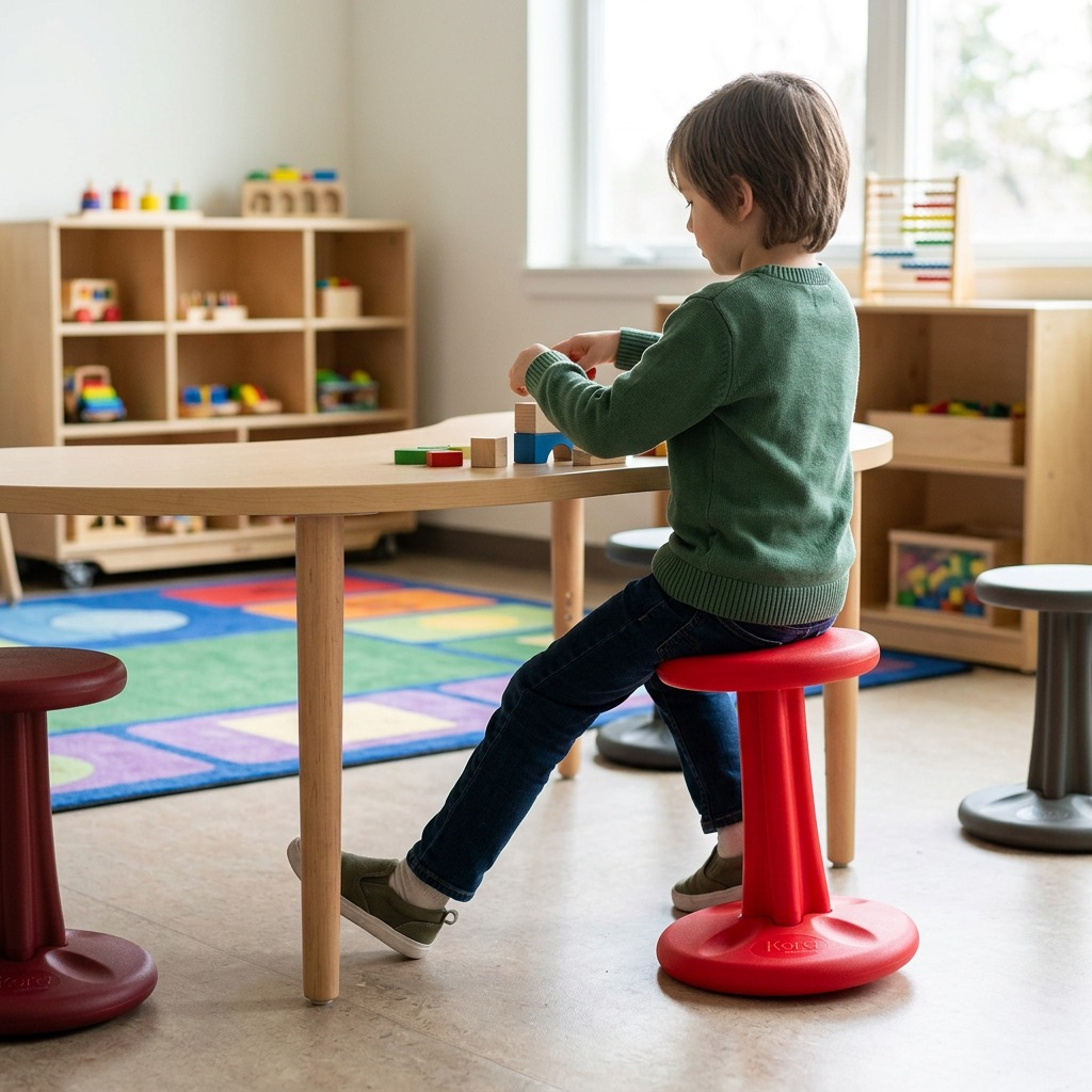 A child sits on a red Kore Design Wobble Stool at a wooden activity table in a classroom setting.