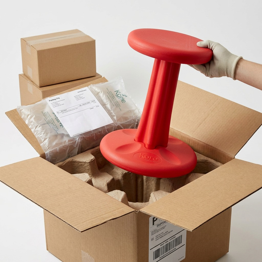 Red Kore Wobble Stool being unpacked from a secure shipping box with protective molded inserts.