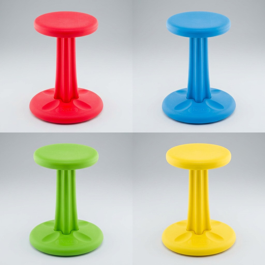 A grid of Kore Design Wobble Stools in four vibrant colors: red, blue, green, and yellow.