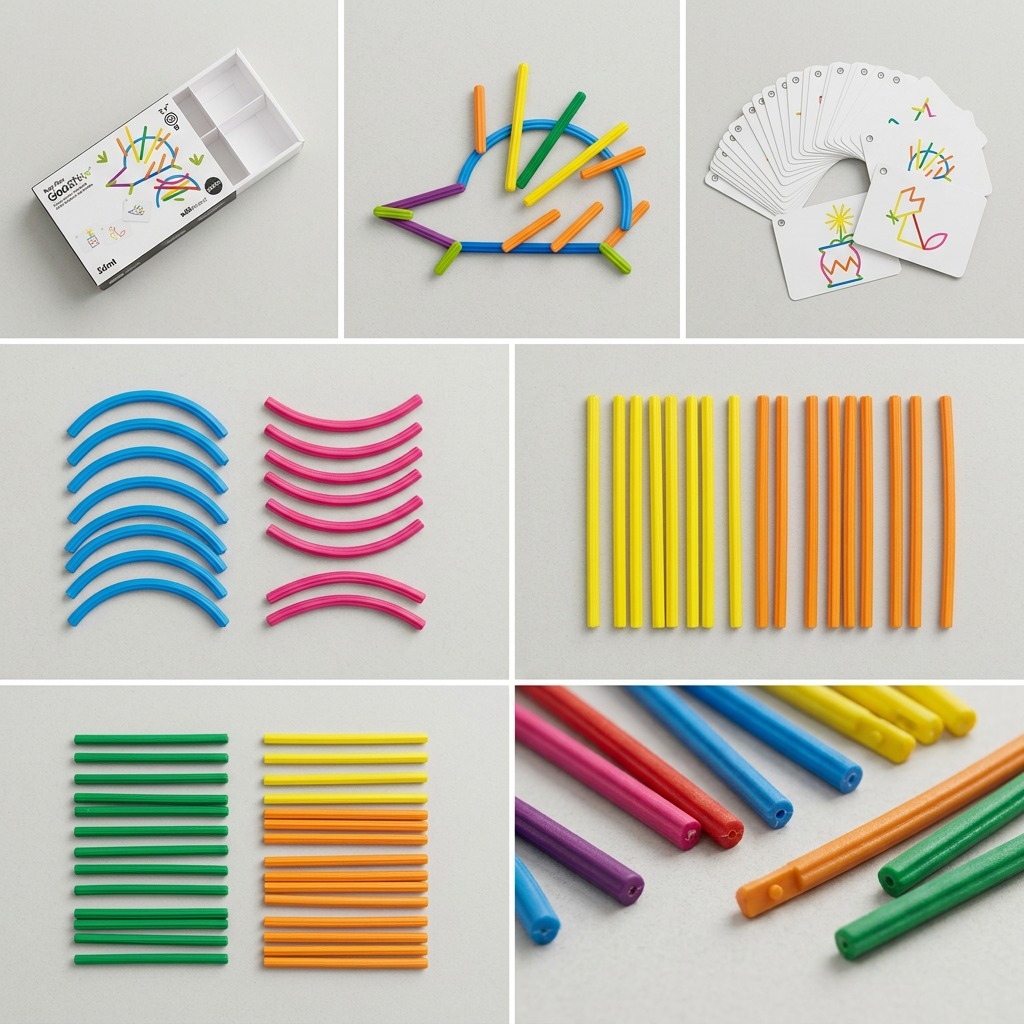 Multi-panel product visual matrix showcasing fdmt Busy Play Geostix components, packaging, and models.