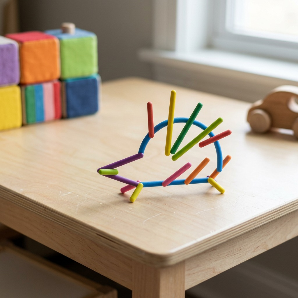 A close-up shot of an arranged hedgehog, made with colorful fdmt Busy Play Geostix, on a child's wooden table.