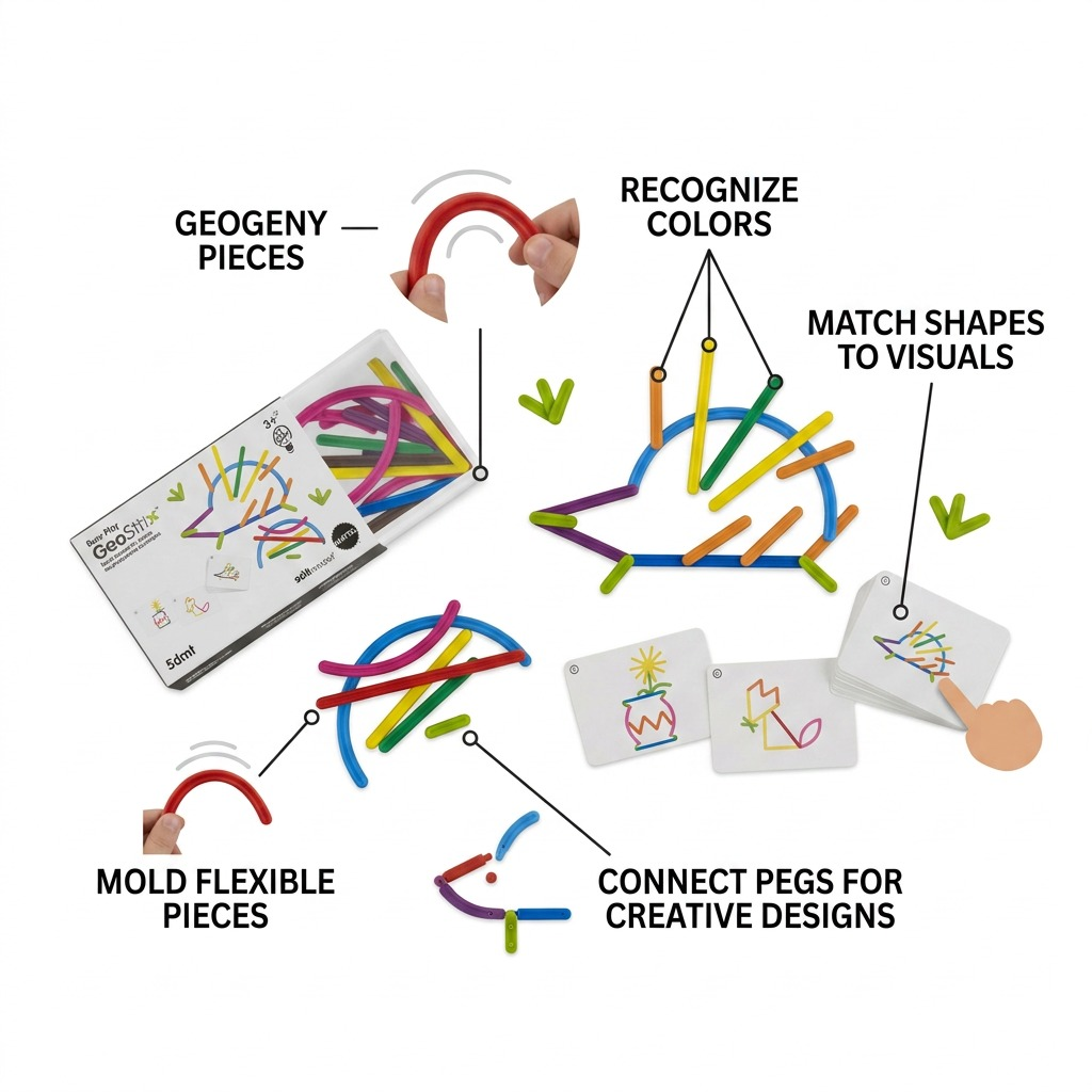 Product image of fdmt Busy Play Geostix with callouts highlighting color recognition, matching (cards), connecting pieces, and flexibility using minimal labels and pointer lines. Text is short and factual.