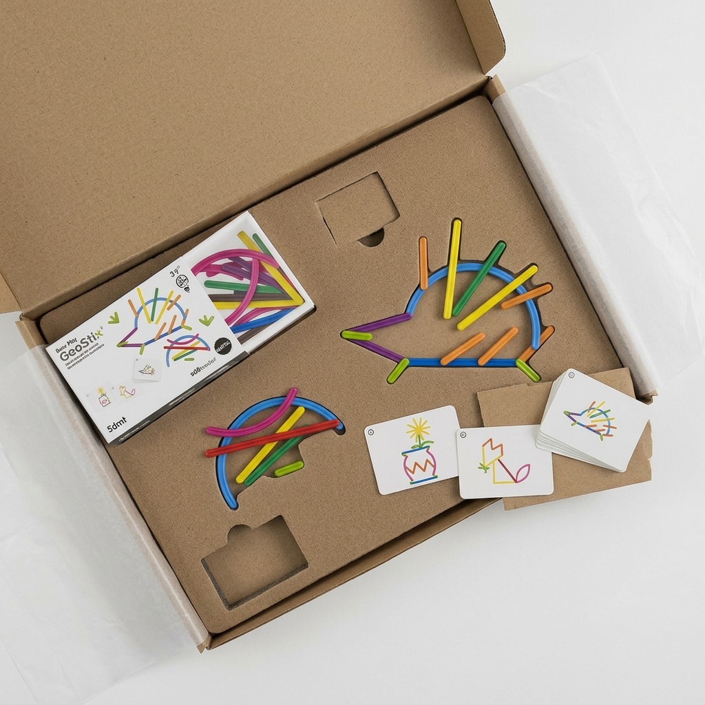 A realistic unboxing scene showing the colorful fdmt Busy Play Geostix safely nested in custom-cut cardboard and protective foam inserts inside an open shipping box, ensuring damage-free delivery.