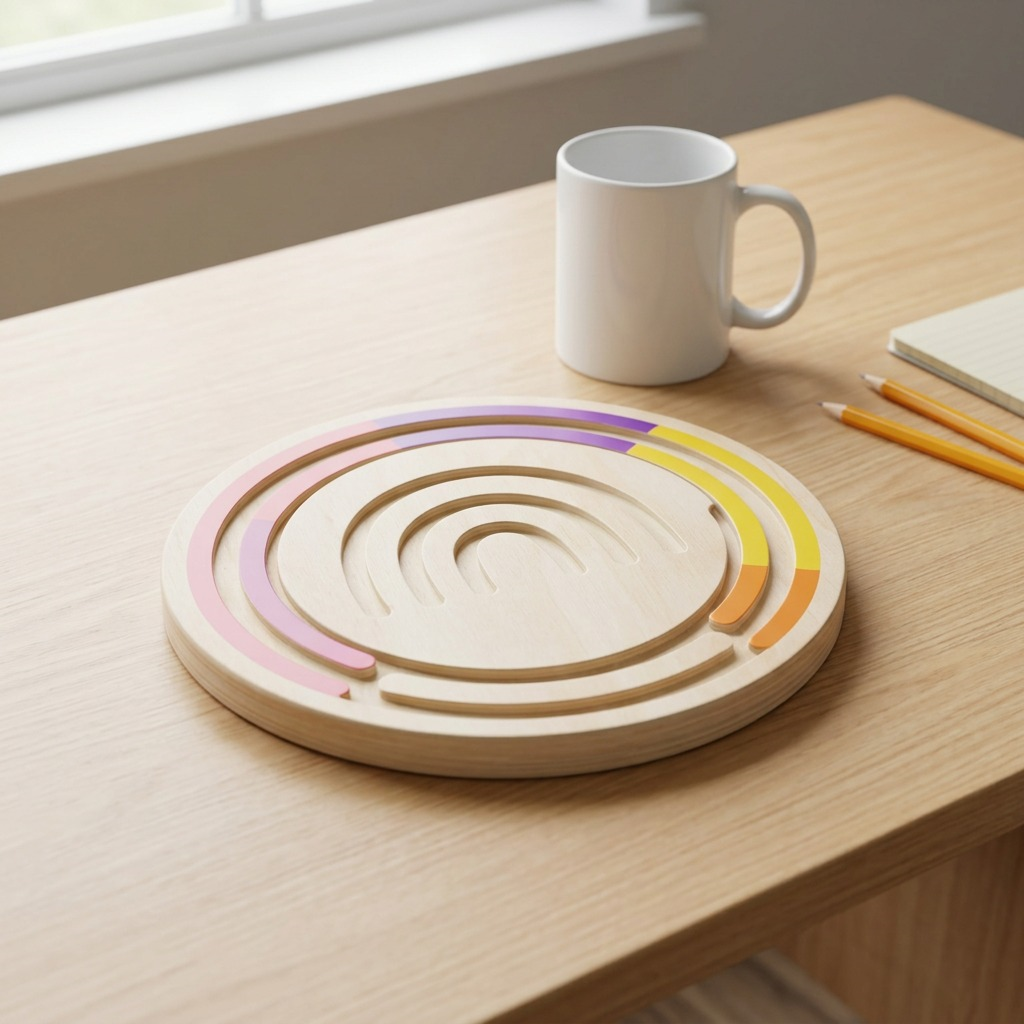 A photo of the single wooden fdmt 4408000 breathing board with color accents on a teacher's desk next to a coffee mug.