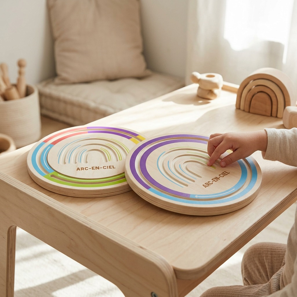 A realistic photo of fdmt calming wooden breathing boards being used by child's hand on a play table.