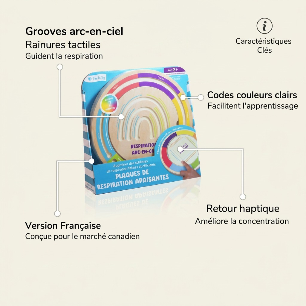 Feature graphic highlighting the fdmt breathing board's grooves, color codes, sensory feel, and language.