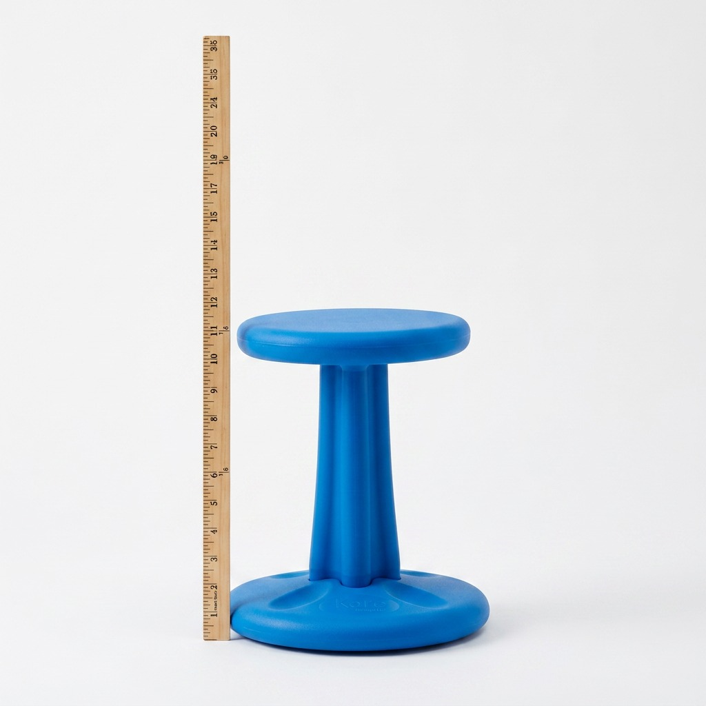 Blue Kore Design Junior 14-inch wobble stool shown beside a wooden ruler for scale reference.