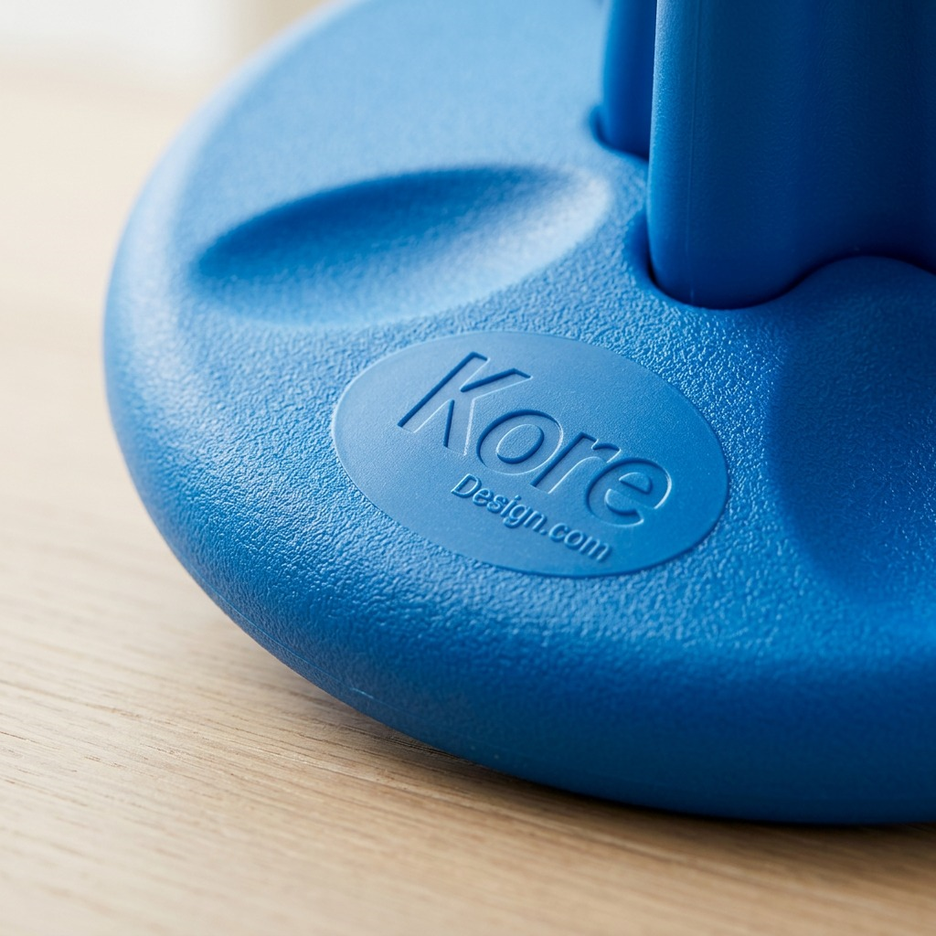 Macro detail of the embossed Kore Design logo on the textured blue base of a junior wobble stool.