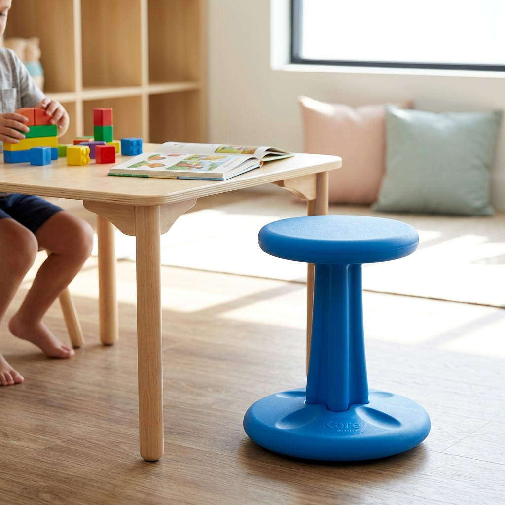 Blue Kore Junior 14-inch wobble stool for active seating next to a child's wooden play table.