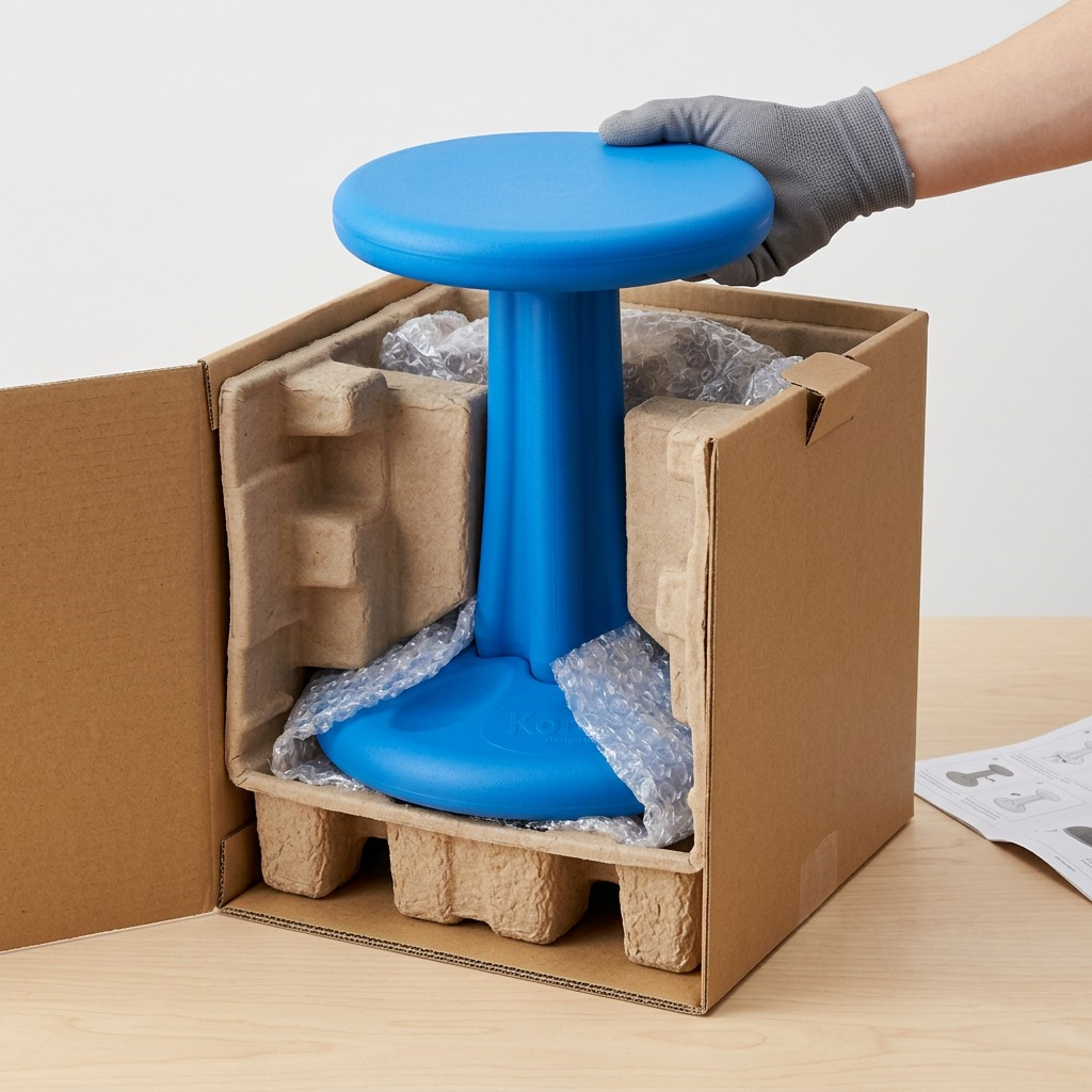 A blue Kore Junior Wobble Stool being unboxed from a secure shipping box with protective inserts.
