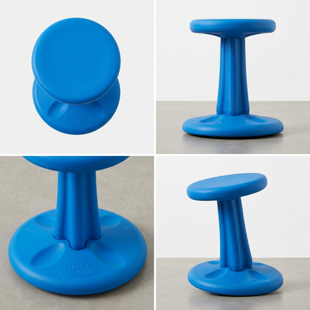 A grid of four photos showing the blue Kore Design Junior Wobble Stool from various angles.
