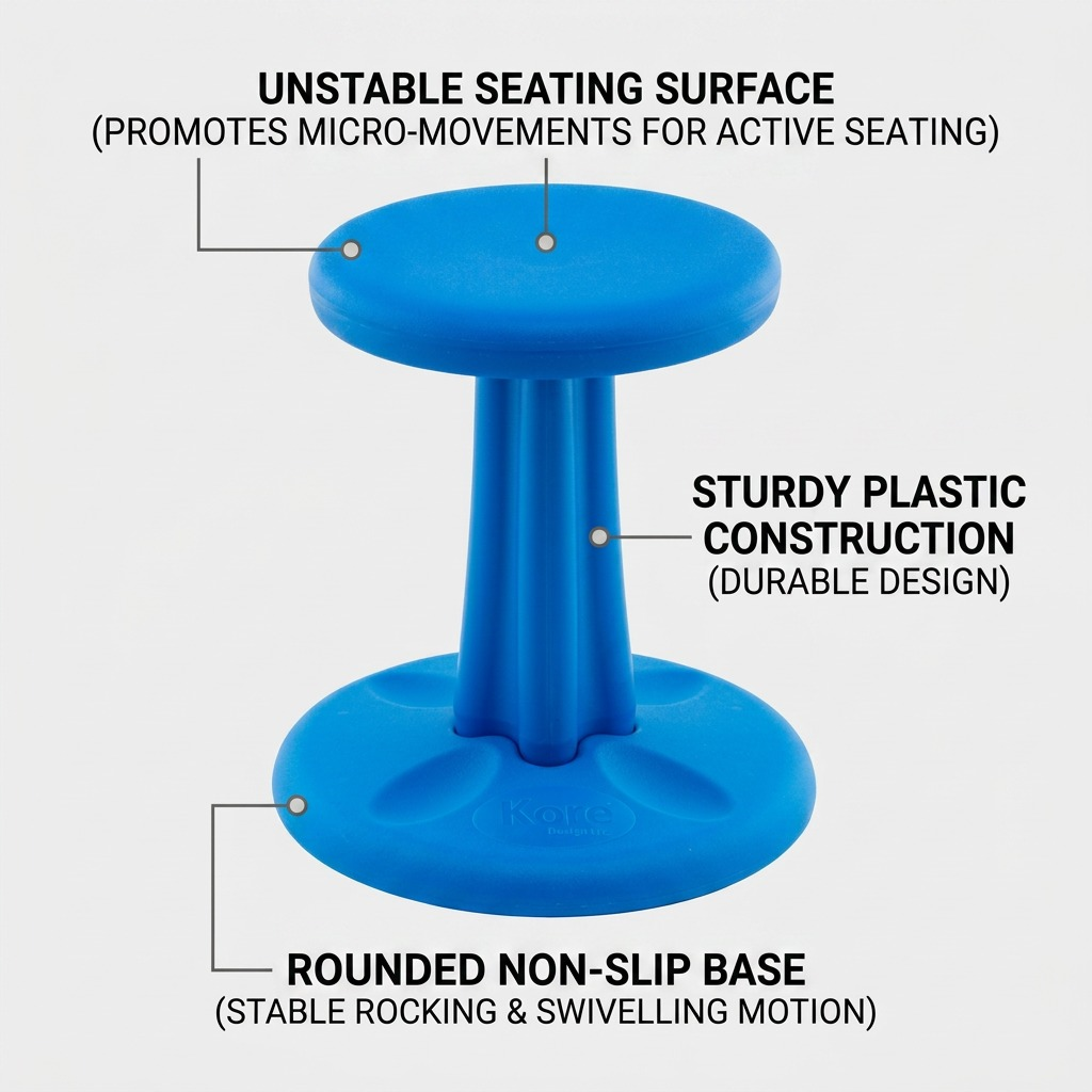 Blue Kore Design Junior Wobble Stool with labels highlighting the active seating surface and rounded non-slip base.