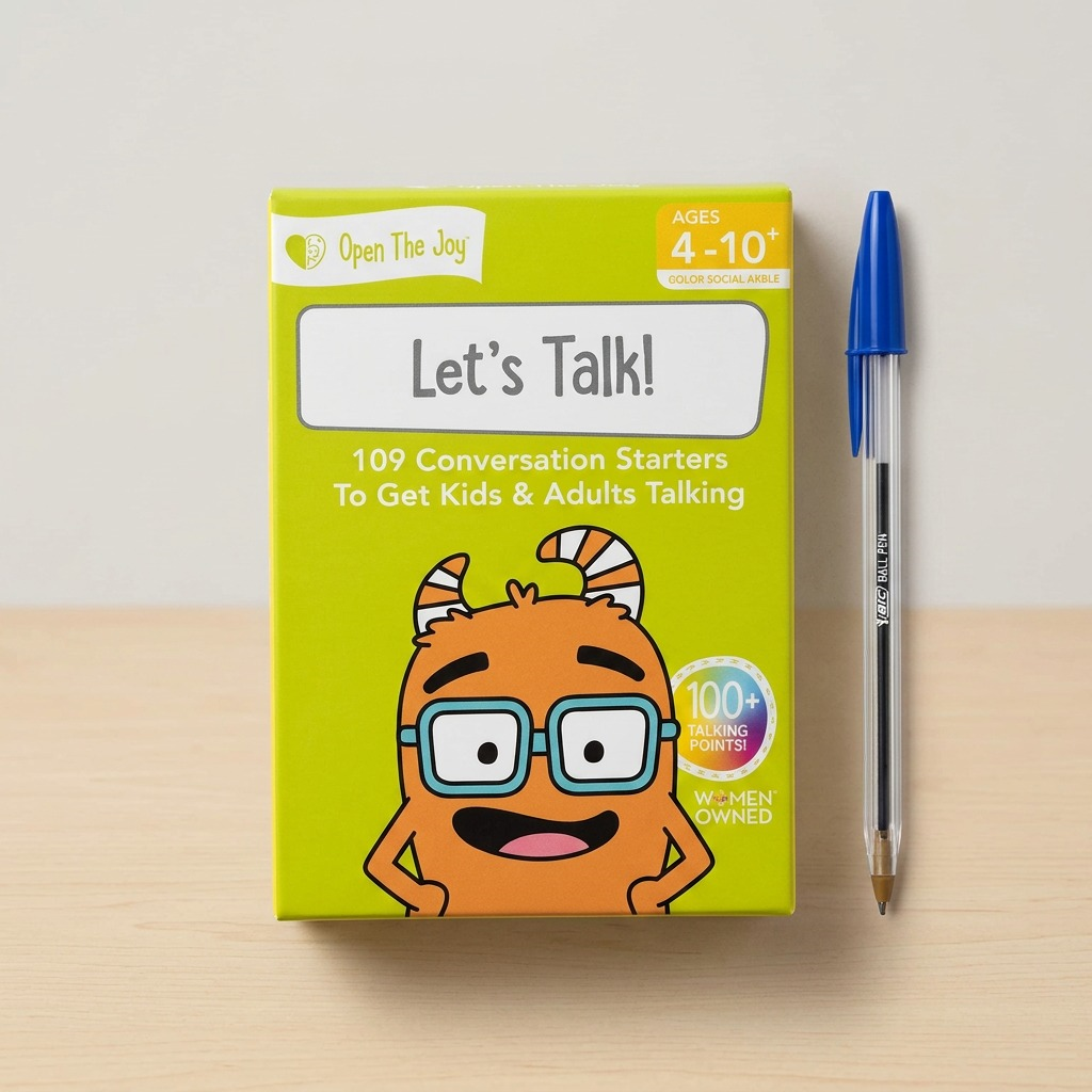 Hero shot of fdmt Open The Joy Let's Talk! conversation cards box on a white background.