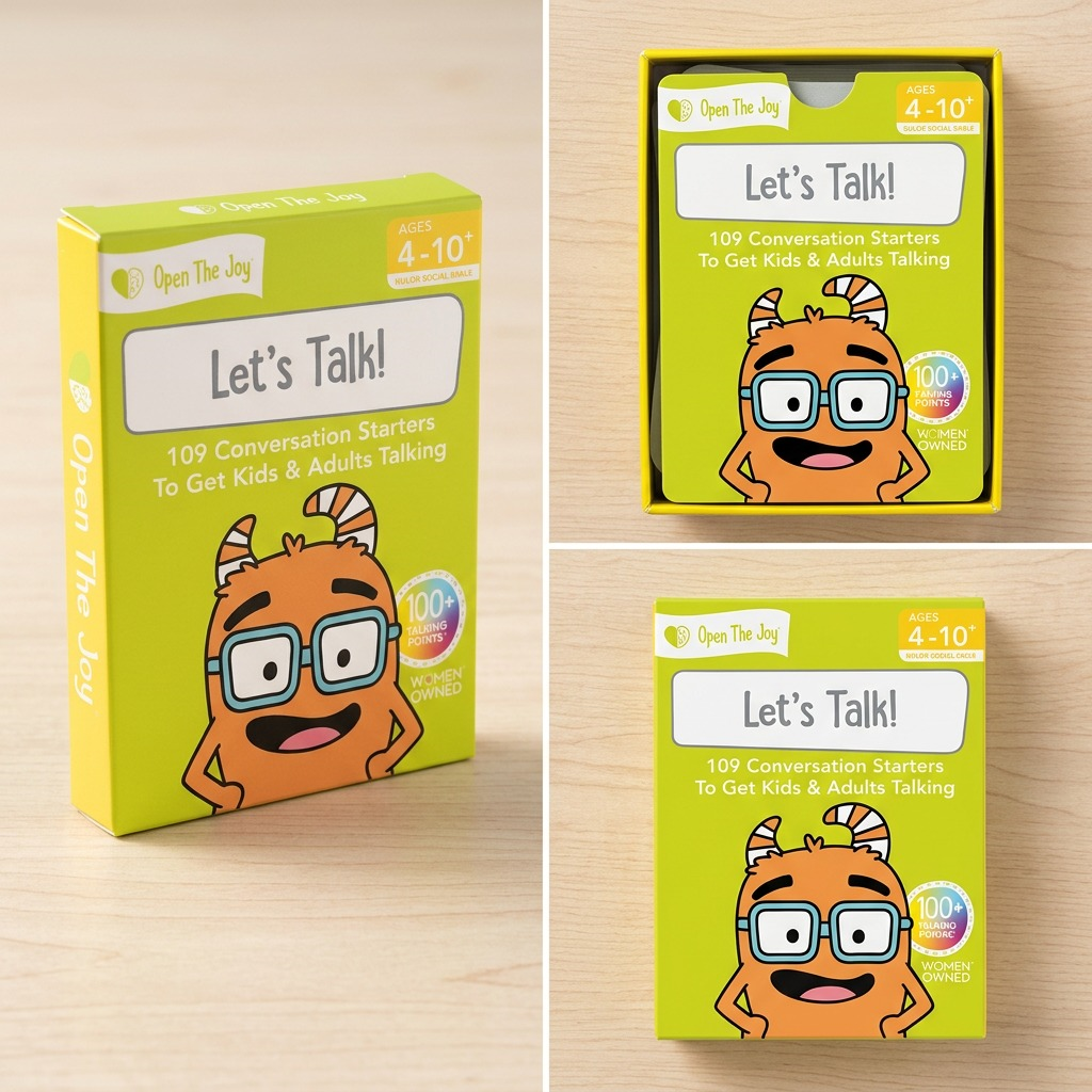 A matrix view of the Let's Talk! conversation cards, showing the product from top-down, side, and front angles.