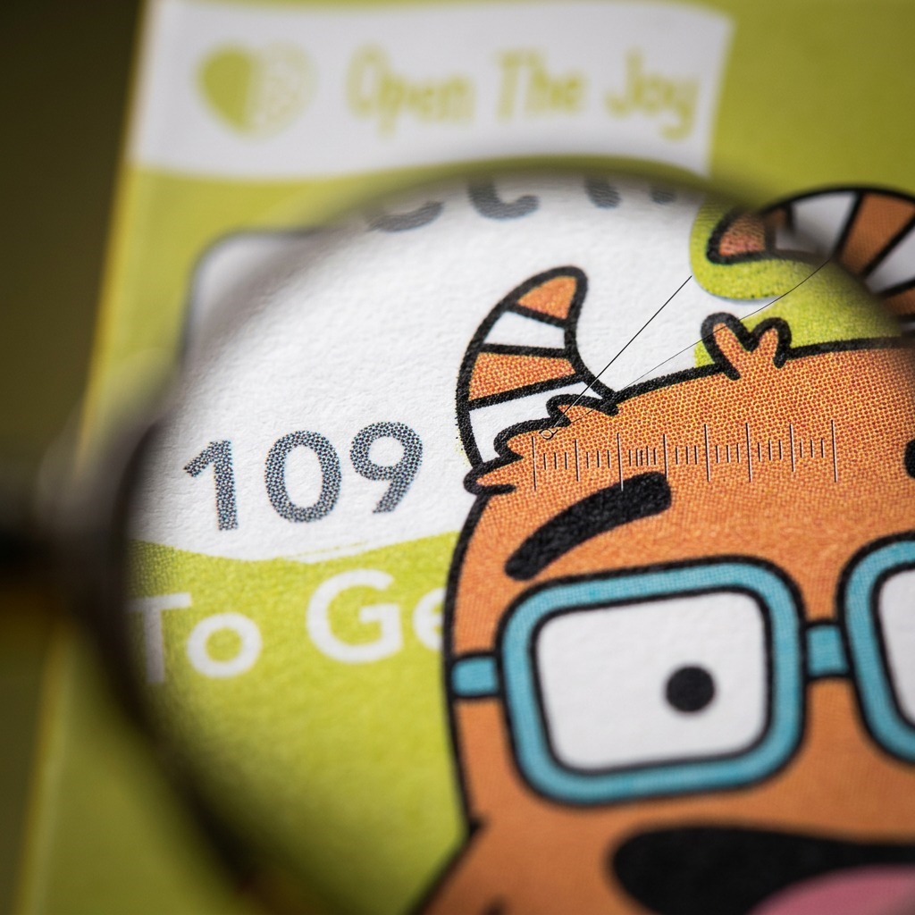 Ultra-macro photograph of 'Open The Joy' card box, focusing on the print texture and the orange monster illustration.
