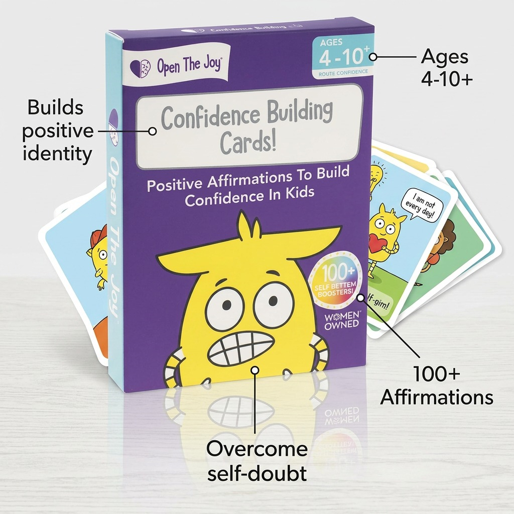 An infographic listing key features and benefits of the Open the Joy Confidence Building Cards.