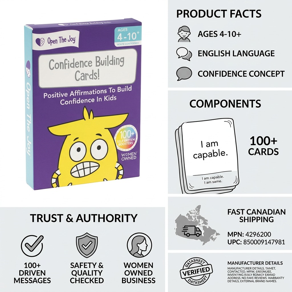 Infographic matrix showing a child's card deck box. Simple icons and text convey features like "Confidence Building," "Positive Affirmations," "100+ Boosters," "Ages 4-10," "English Version," "Woman-Owned Business," and "Fast Canadian Shipping." A clean product-led trusting visual.