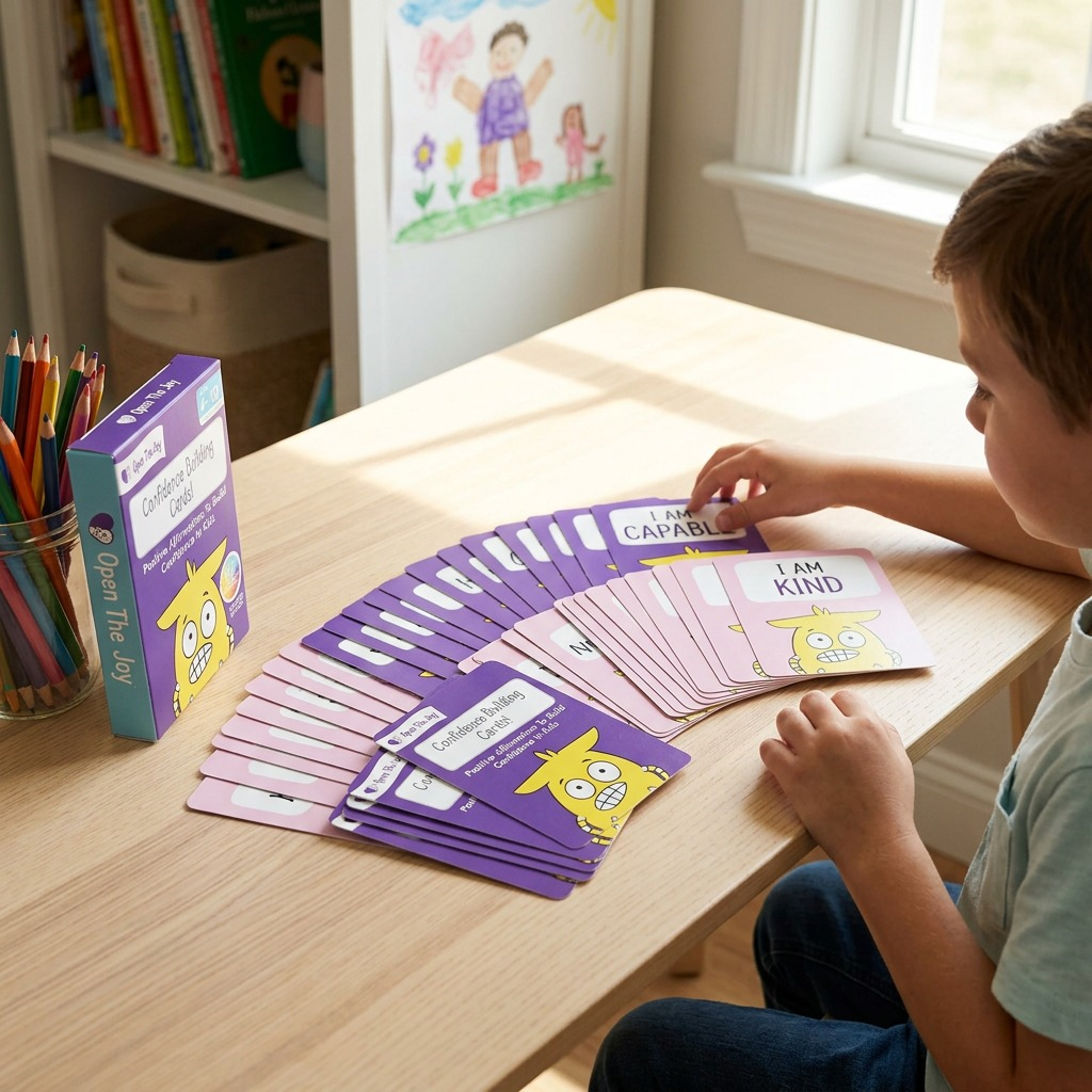 Lifestyle context photo: Open The Joy Confidence Building Cards fanned out on a child's desk, being used.