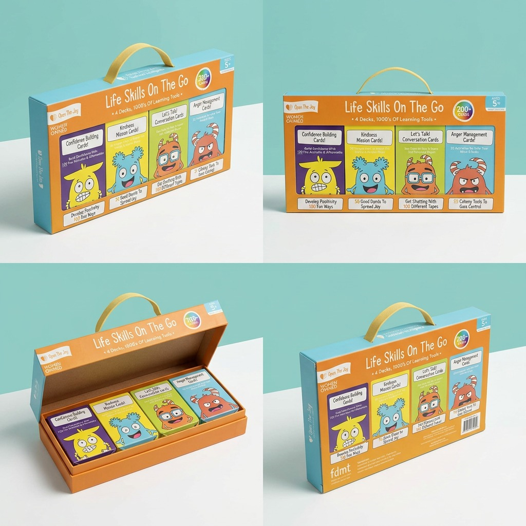 An ecommerce 2x2 grid matrix showcasing the fdmt Life Skills On The Go set from four distinct, useful angles. Closed box three-quarter view (top-left) and straight-on view (top-right) are paired with an open box revealing the internal card decks (bottom-left) and a perspective showing the box's reverse side (bottom-right). The presentation is clean, against a brand-aligned light teal studio background.