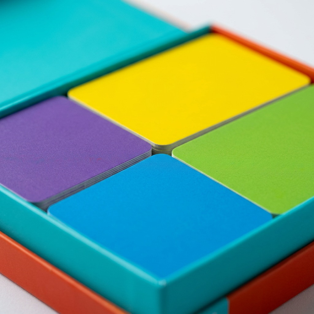 Macro view of the four vibrantly colored panels from the fdmt Life Skills On The Go set.