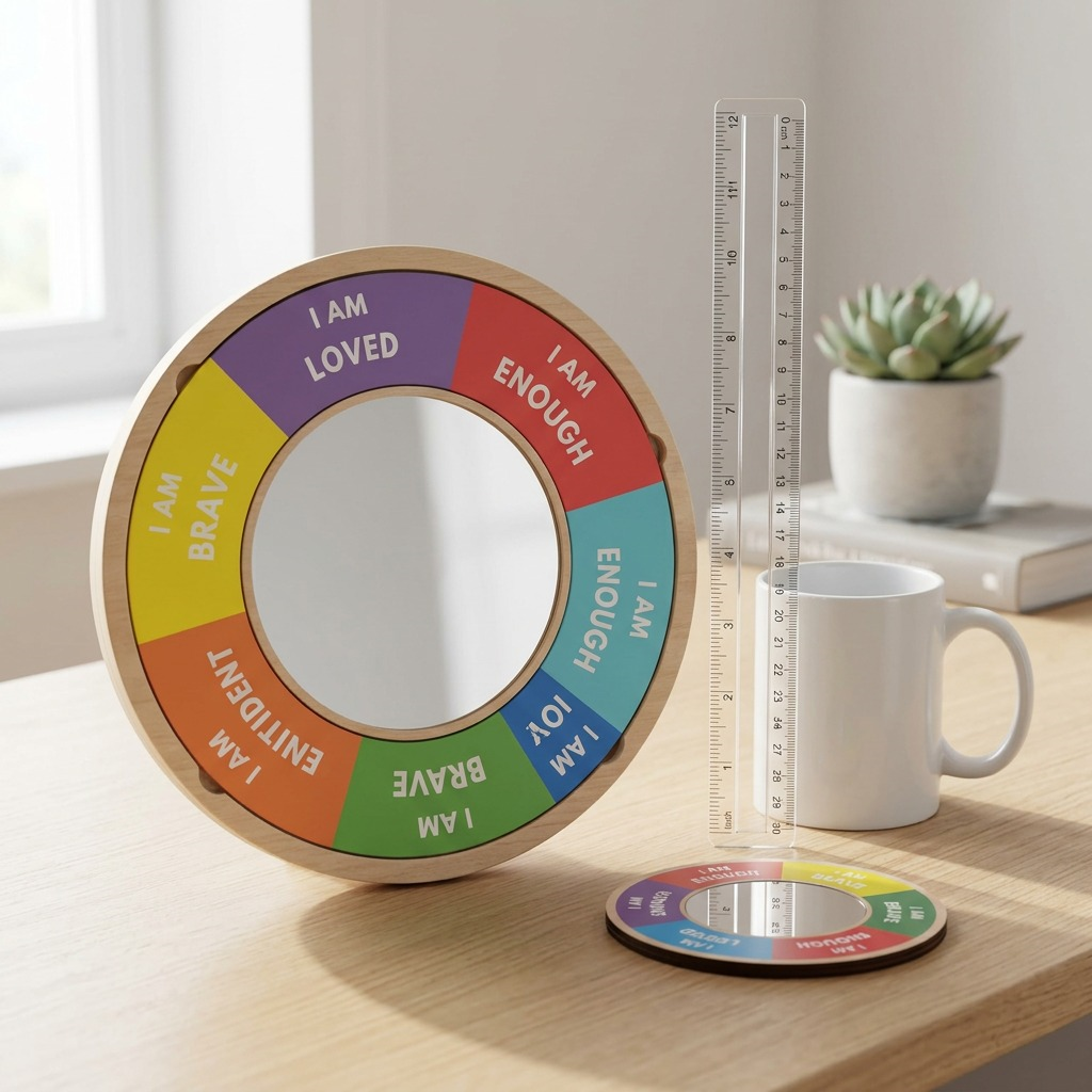 High-resolution hero shot of fdmt wooden confidence building mirror with multi-color affirmations.