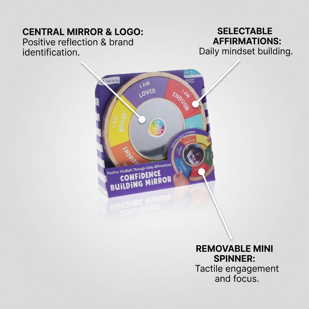 Feature callout image for fdmt Confidence Building Mirror, highlighting key components with labels.