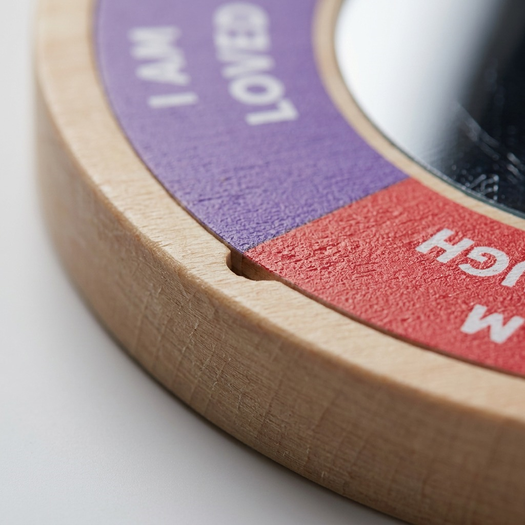 Macro view showing detailed wood grain, print texture, and clean mirror edge of the fdmt Confidence Building Mirror.