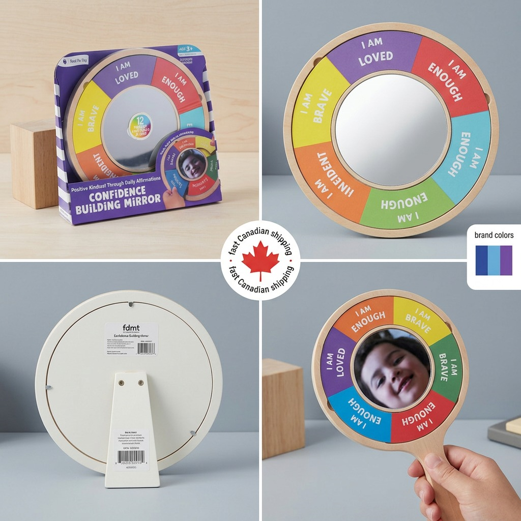 A four-panel grid showing the Confidence Building Mirror in its packaging and from multiple angles, highlighting affirmations and use.