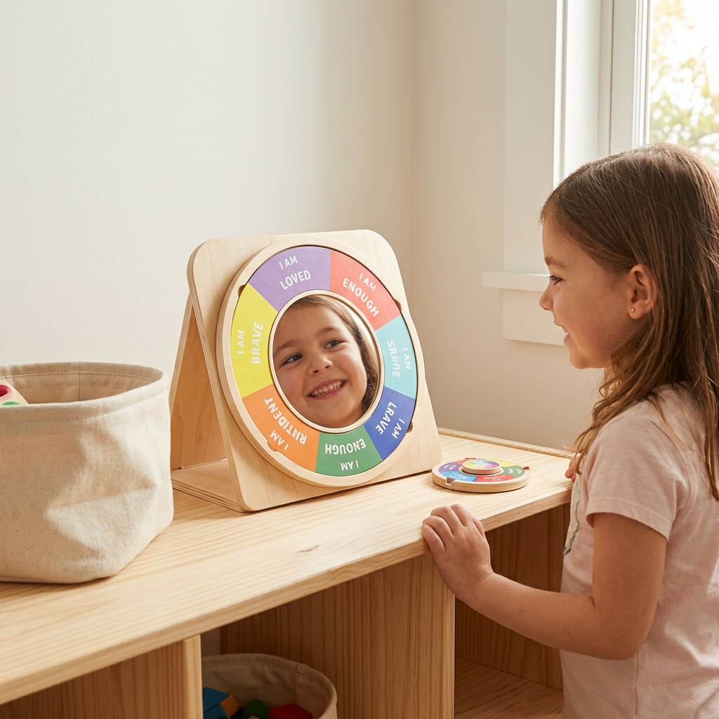 A young girl smiling brightly while looking into the open fdmt Confidence Building Mirror. The product is placed on a child's low table within a natural wood shelf unit.