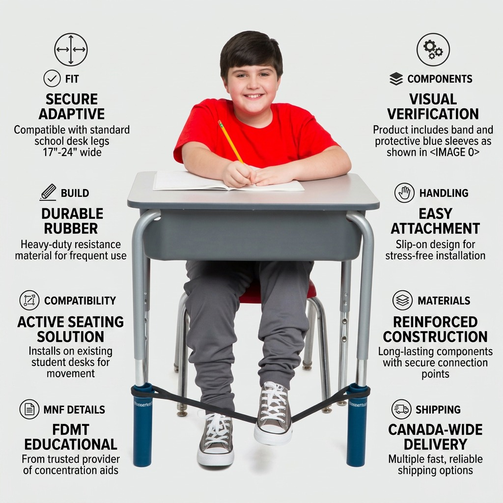 Infographic for the fdmt Bouncyband for desks, demonstrating fit on a school desk, durable rubber build, and Canada-wide shipping.