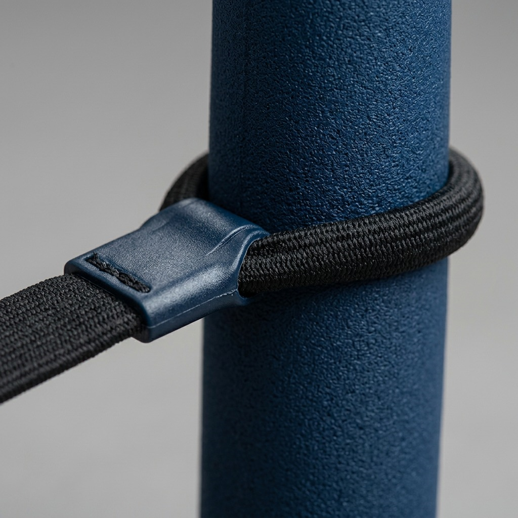 Macro detail of fdmt Bouncyband connector and black textured cord around a blue foam desk leg sleeve.