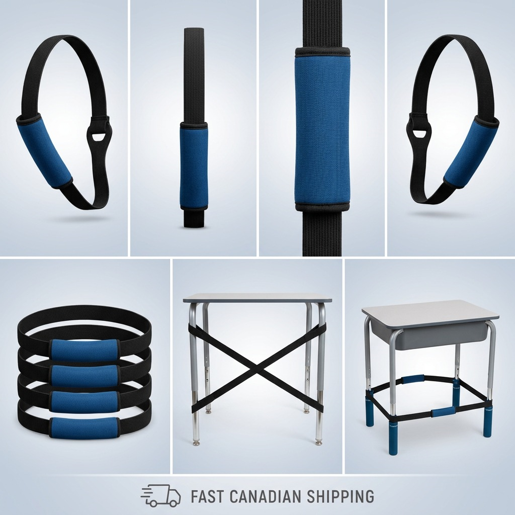 Grid showing the blue fdmt Bouncyband for desks from multiple angles and installed on a desk.