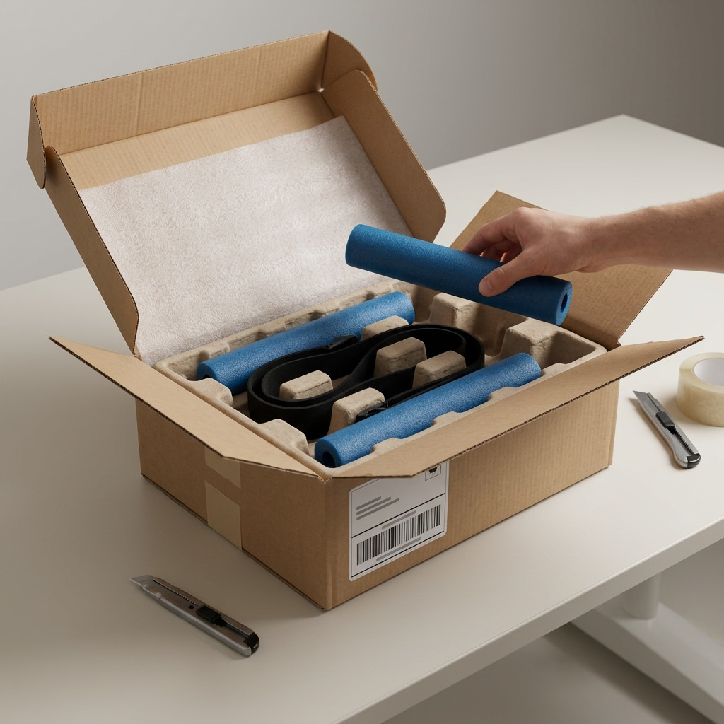Unboxing the fdmt Bouncyband for desks from secure cardboard packaging with protective foam inserts.