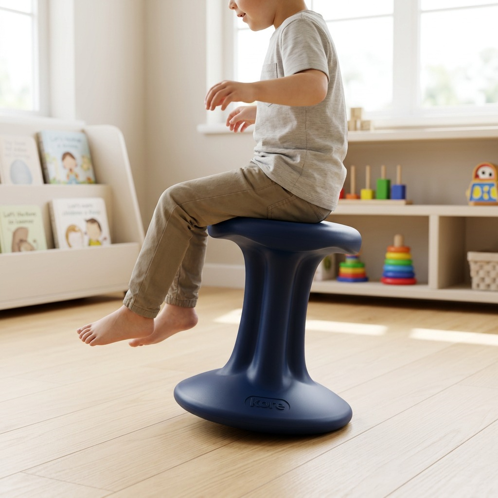 A child sits on a dark blue fdmt Kore Wobble Stool in a bright, modern playroom or classroom.