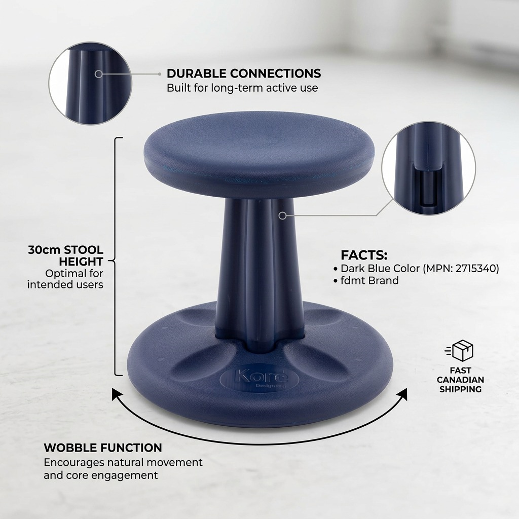Dark blue 30cm fdmt Kore Wobble Stool with feature labels highlighting its active sitting movement.