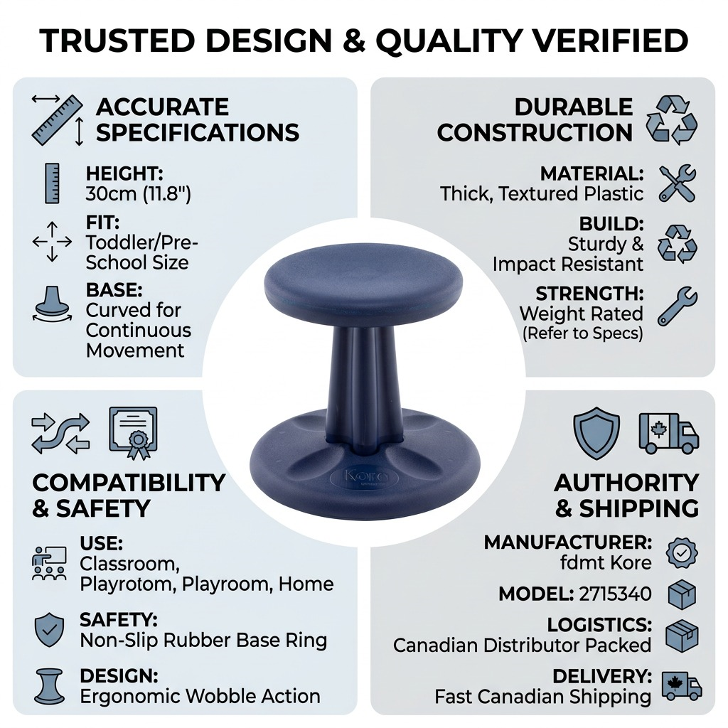 Infographic for fdmt Kore Wobble Stool 30cm showing durable plastic build and fast Canadian shipping.