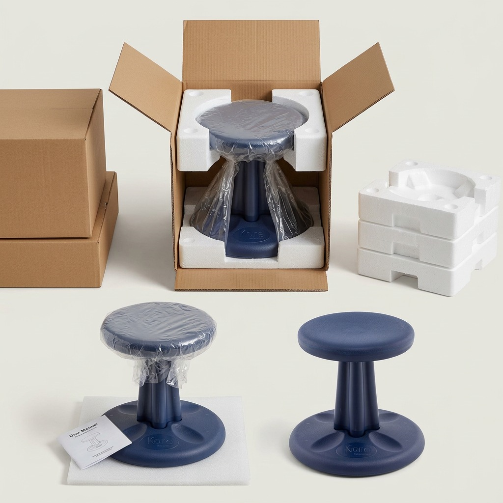 Dark blue fdmt Kore Wobble Stool in protective shipping box with foam inserts and manual.