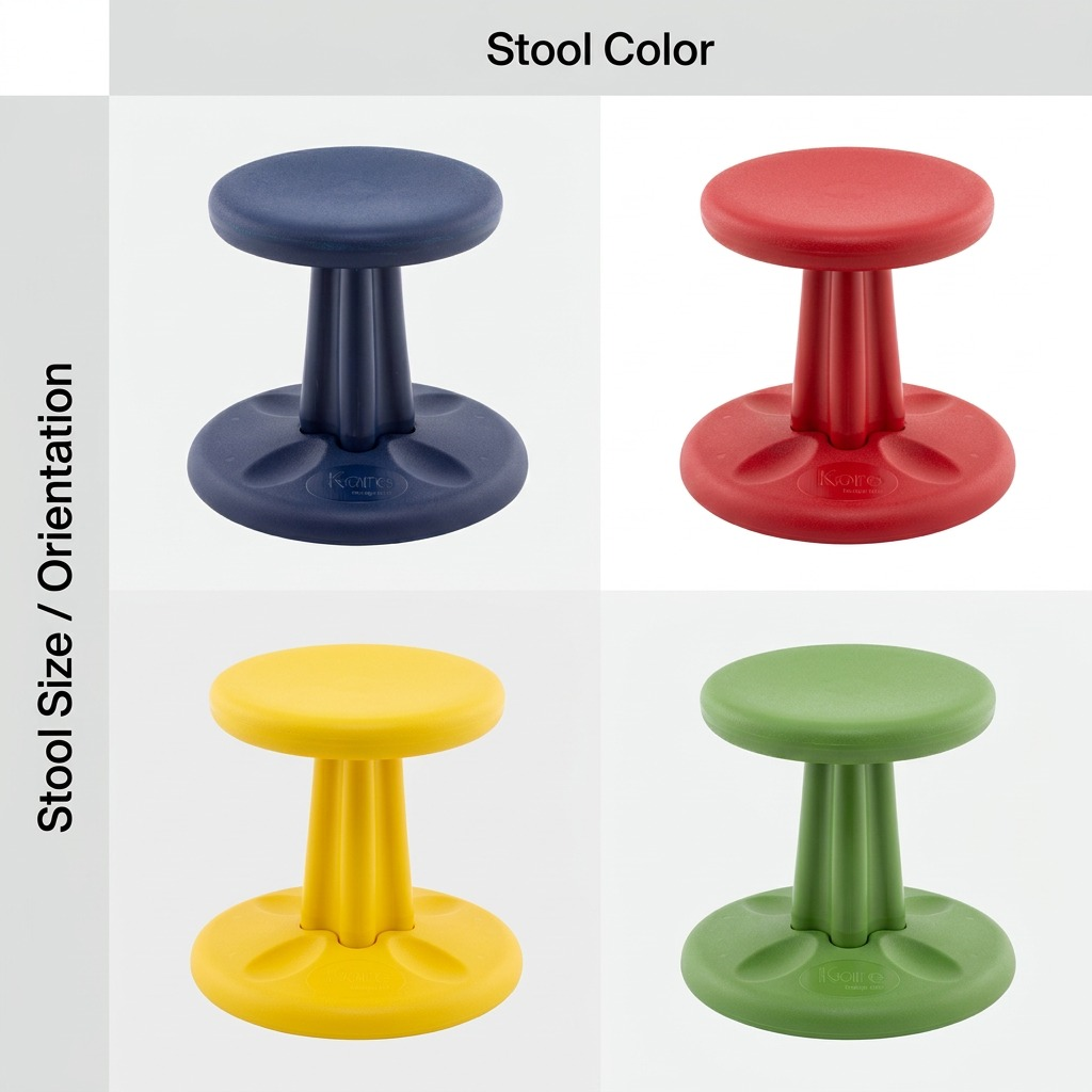 A grid matrix of fdmt Kore Wobble Stools shown in dark blue, red, yellow, and green colors.