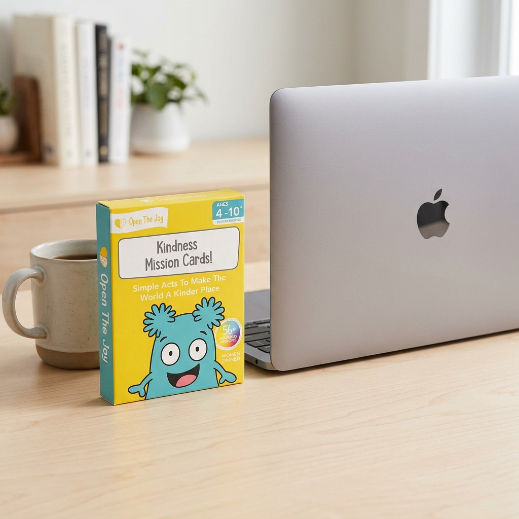 A crisp hero photograph of the 'Kindness Mission Cards!' by 'Open The Joy', presented on a clean white background.