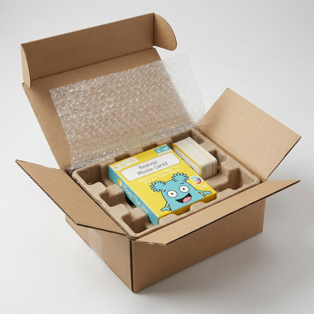An unboxing scene shows a clean cardboard box and protective bubble wrap holding the 'Kindness Mission Cards!' box.
